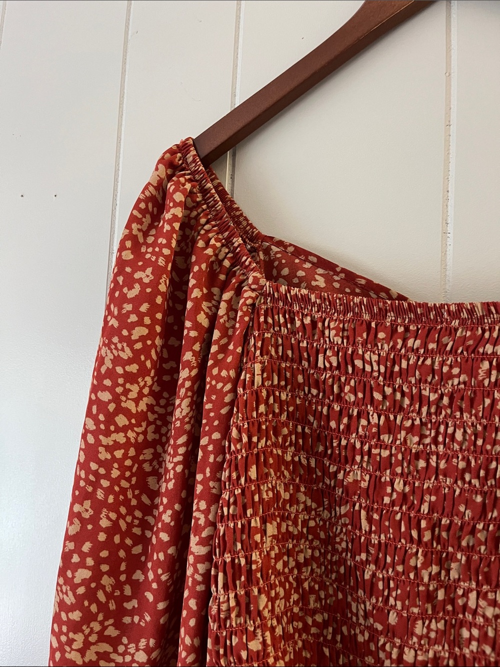 Womens Off-Shoulder Long Sleeve Crop Top - Rust Spot Print - Picture 13 of 13